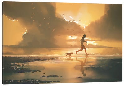 Jogging On The Beach At Sunset Canvas Art Print - grandfailure