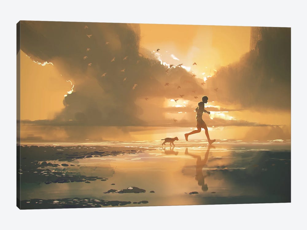 Jogging On The Beach At Sunset by grandfailure 1-piece Art Print