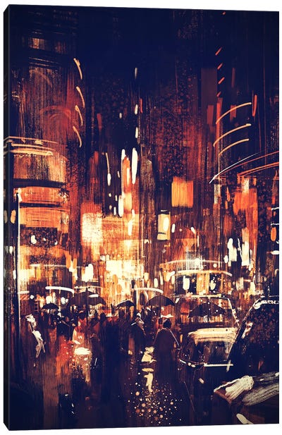 City Street At Night Canvas Art Print - grandfailure