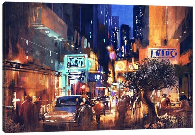 Colorful Street At Night Canvas Art Print - grandfailure