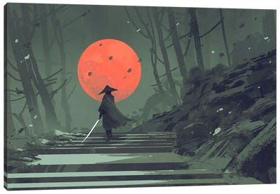 Red Moon Samurai Canvas Art Print - Samurai Art