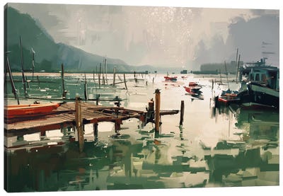 Fishing Boats At Harbor Canvas Art Print - Rowboat Art