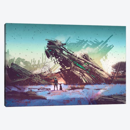 Spaceship Crashed On Blue Field Canvas Print #GFL72} by grandfailure Canvas Artwork