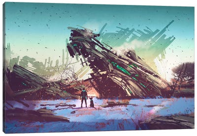 Spaceship Crashed On Blue Field Canvas Art Print - grandfailure
