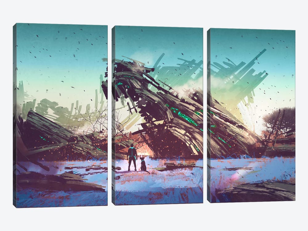 Spaceship Crashed On Blue Field by grandfailure 3-piece Canvas Artwork