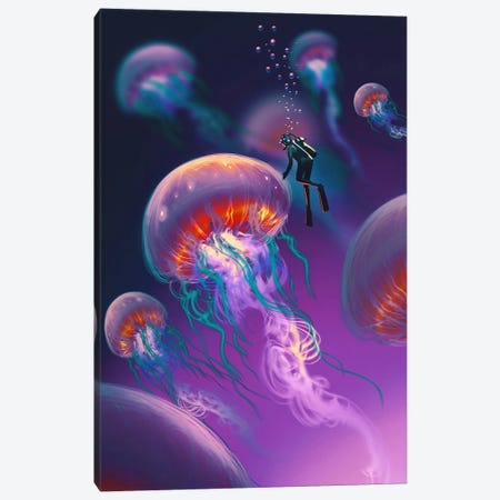 Glowing Jellyfishes Canvas Print #GFL73} by grandfailure Canvas Art