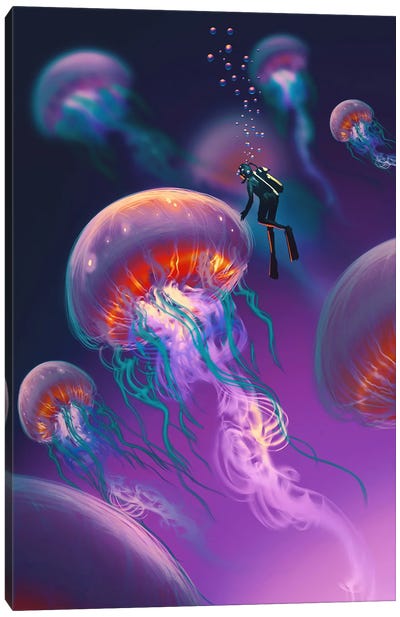Glowing Jellyfishes Canvas Art Print - grandfailure