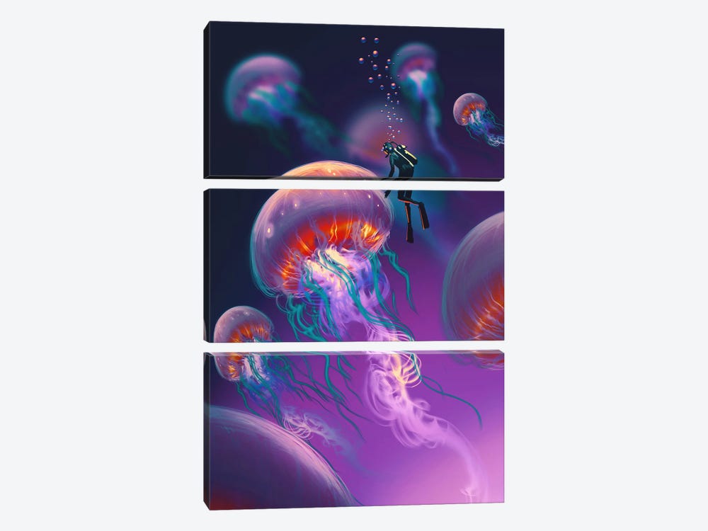 Glowing Jellyfishes by grandfailure 3-piece Canvas Art Print