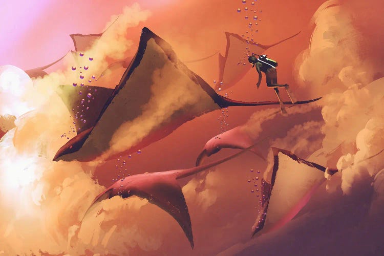 Flying Manta Rays by grandfailure wall art