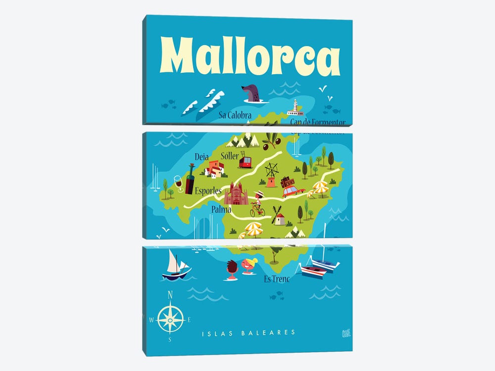 Mallorca Map by Gary Godel 3-piece Canvas Art Print