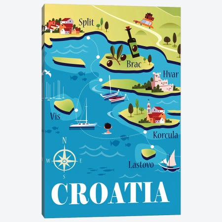 Croatia Map Canvas Print #GGD98} by Gary Godel Canvas Art Print