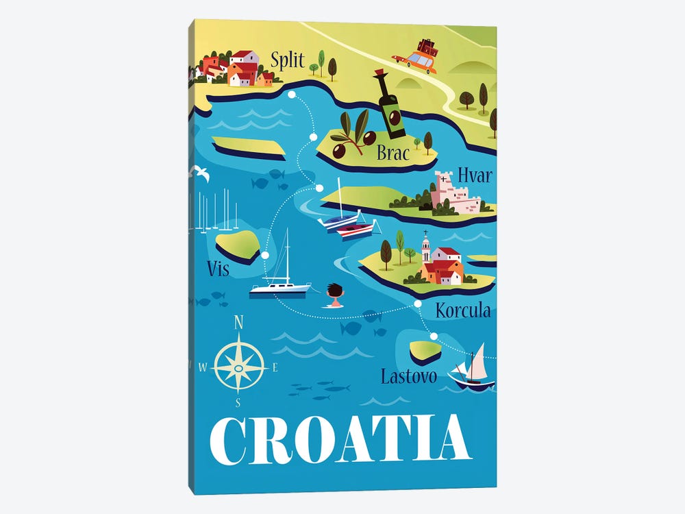 Croatia Map by Gary Godel 1-piece Canvas Print