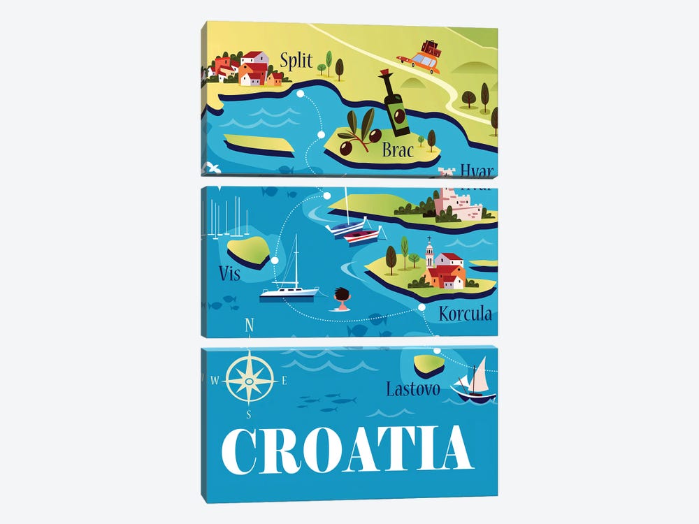 Croatia Map by Gary Godel 3-piece Canvas Print