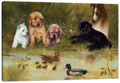 Visit To The Pond Canvas Art Print - Puppy Art