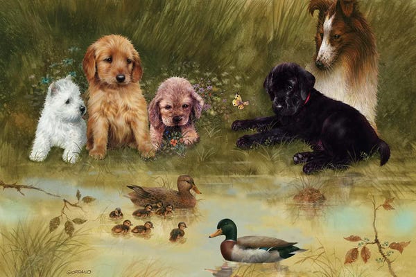 Puppies: Visit To The Pond by Giordano Studios