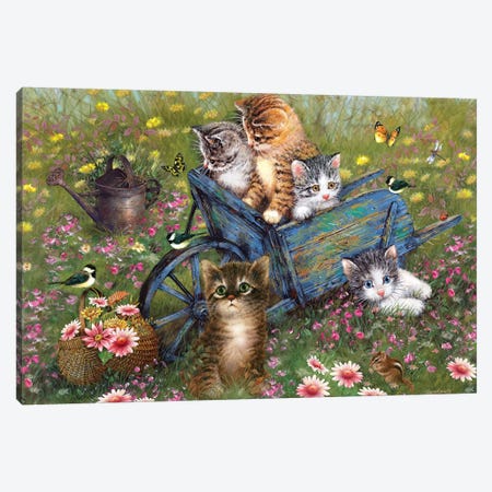 Wheelbarrow Kitties Canvas Print #GIO104} by Giordano Studios Canvas Artwork