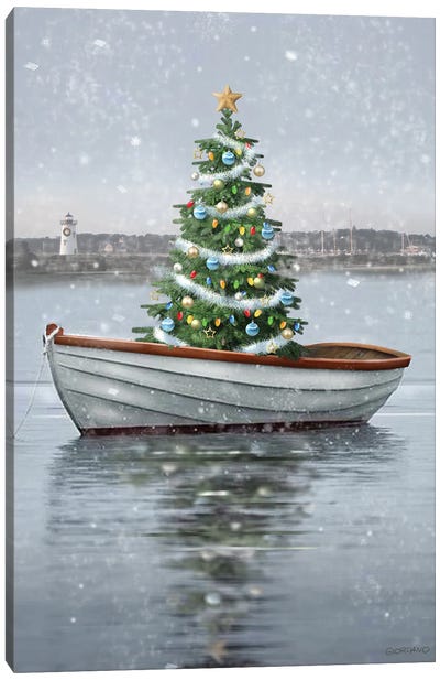 Holiday Harbor Canvas Art Print - Christmas Trees & Wreath Art