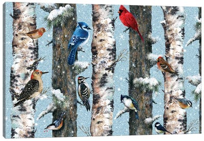 Songbirds In The Forest Canvas Art Print - Rustic Winter