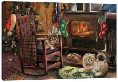 Fireside Kitties Canvas Art Print - Home for the Holidays