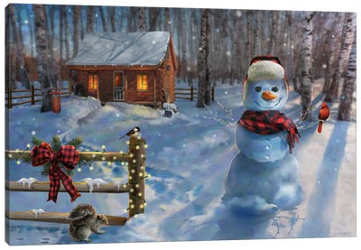 Moonlit Cabin Retreat Canvas Art Print - Snowman Art