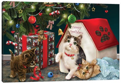 Under The Christmas Tree Canvas Art Print - Kitten Art