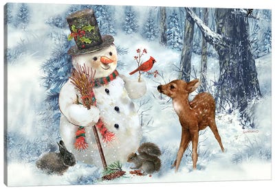 Woodland Snowman Canvas Art Print - Squirrels