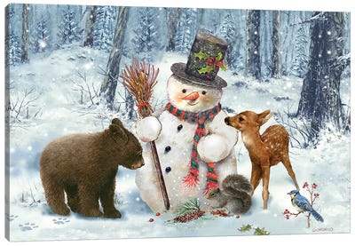 Woodland Snowman Canvas Art Print - Brown Bear Art