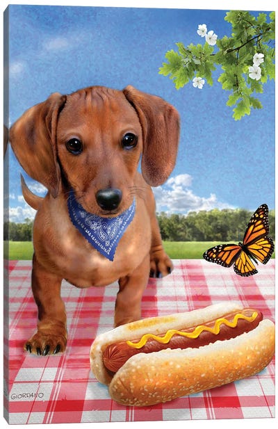 Hotdog With A Hotdog Canvas Art Print - Dachshund Art