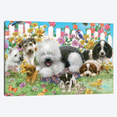 Picket Fence Pups Canvas Print #GIO96} by Giordano Studios Canvas Wall Art