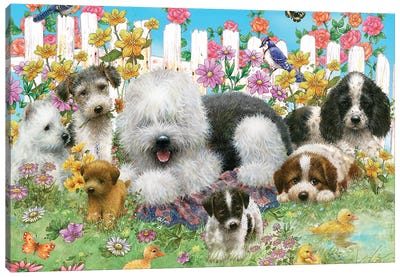 Picket Fence Pups Canvas Art Print - Puppy Art