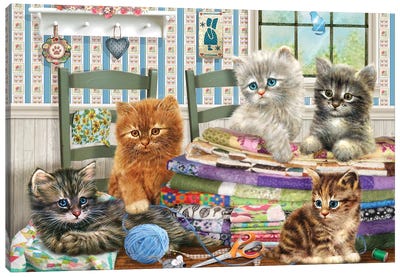 Quilting Kitties Canvas Art Print - Kitten Art