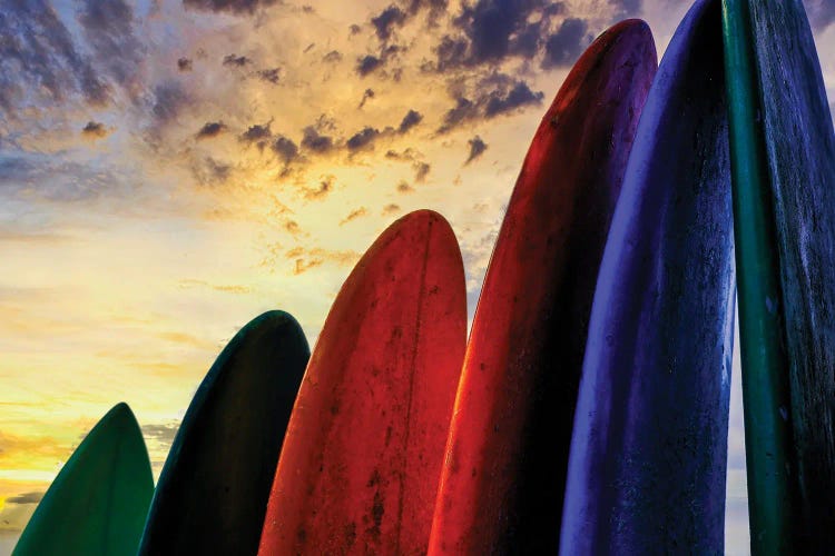 Stacked Surf Boards At Sunset After A Day Of Surf School In Canggu, Bali, Indonesia