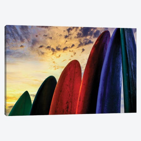 Stacked Surf Boards At Sunset After A Day Of Surf School In Canggu, Bali, Indonesia Canvas Print #GJO6} by Greg Johnston Canvas Artwork