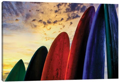 Stacked Surf Boards At Sunset After A Day Of Surf School In Canggu, Bali, Indonesia Canvas Art Print