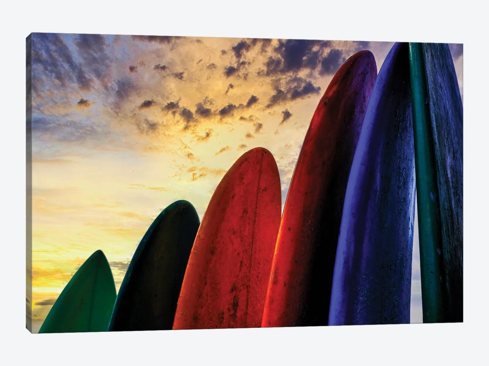 Stacked Surf Boards At Sunset After A Day Of Surf School In Canggu, Bali, Indonesia by Greg Johnston 1-piece Canvas Wall Art