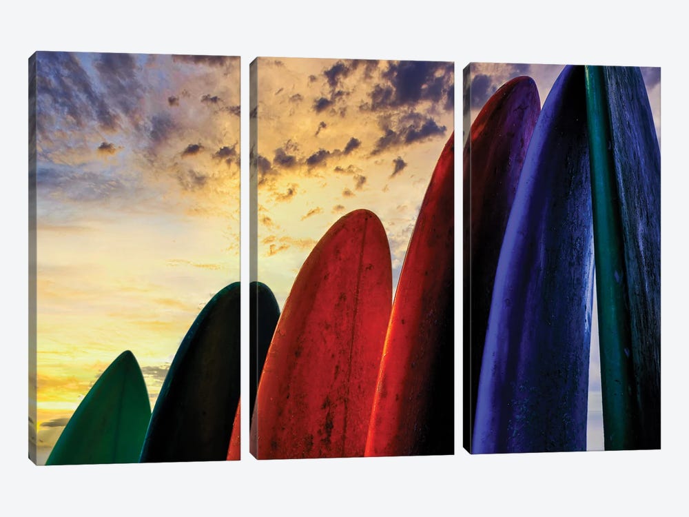 Stacked Surf Boards At Sunset After A Day Of Surf School In Canggu, Bali, Indonesia by Greg Johnston 3-piece Canvas Wall Art