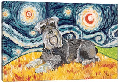 Schnauzer On A Starry Night Canvas Art Print - Schnauzer Art