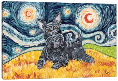 Scottish Terrier On A Starry Night Canvas Art Print - Scottish Terriers