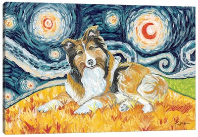 Sheltie On A Starry Night Canvas Art Print - Gretchen Kish Serrano