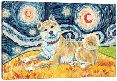 Shiba Inu On A Starry Night Cream Canvas Art Print