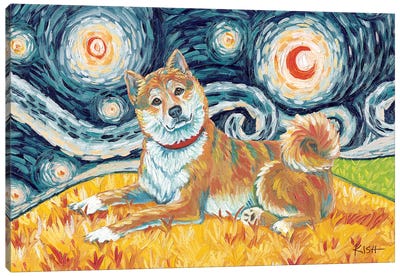 Shiba Inu On A Starry Night Red Canvas Art Print - Shiba Inus