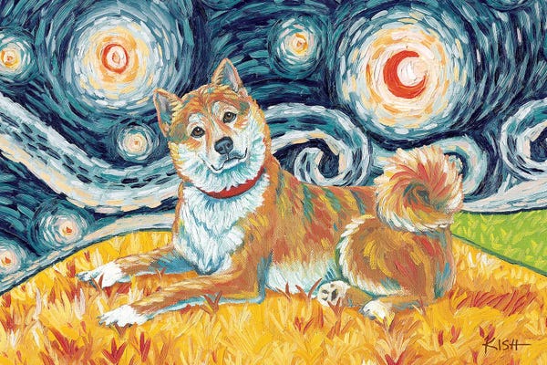 Shiba Inus: Shiba Inu On A Starry Night Red by Gretchen KISH Serrano