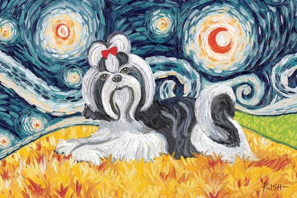 Shih Tzus: Shih Tzu On A Starry Night Black & White by Gretchen KISH Serrano