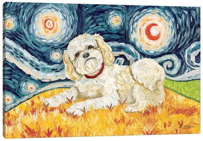 Shih Tzu On A Starry Night Cream Canvas Art Print
