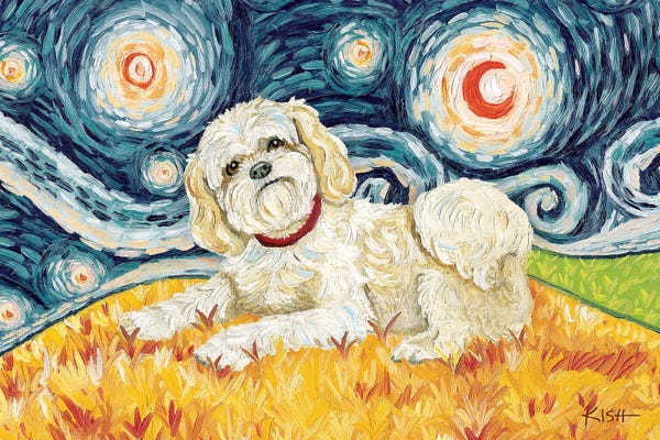 Shih Tzus: Shih Tzu On A Starry Night Cream by Gretchen KISH Serrano