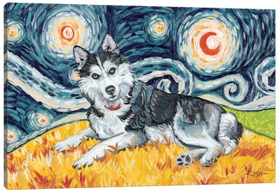 Siberian Husky On A Starry Night Canvas Art Print - Siberian Husky Art