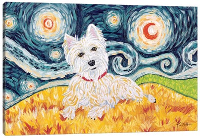 Westie On A Starry Night Canvas Art Print - West Highland White Terrier Art