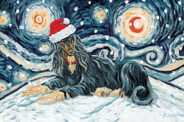 Afghan Hounds: Black & Tan Afghan Hound On A Snowy Night by Gretchen KISH Serrano