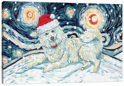 American Eskimo On A Snowy Night Canvas Art Print - Gretchen Kish Serrano