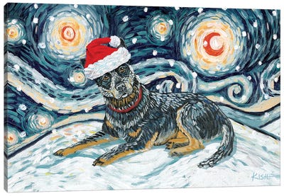 Australian Cattle Dog On A Snowy Night Canvas Art Print - Christmas Animal Art